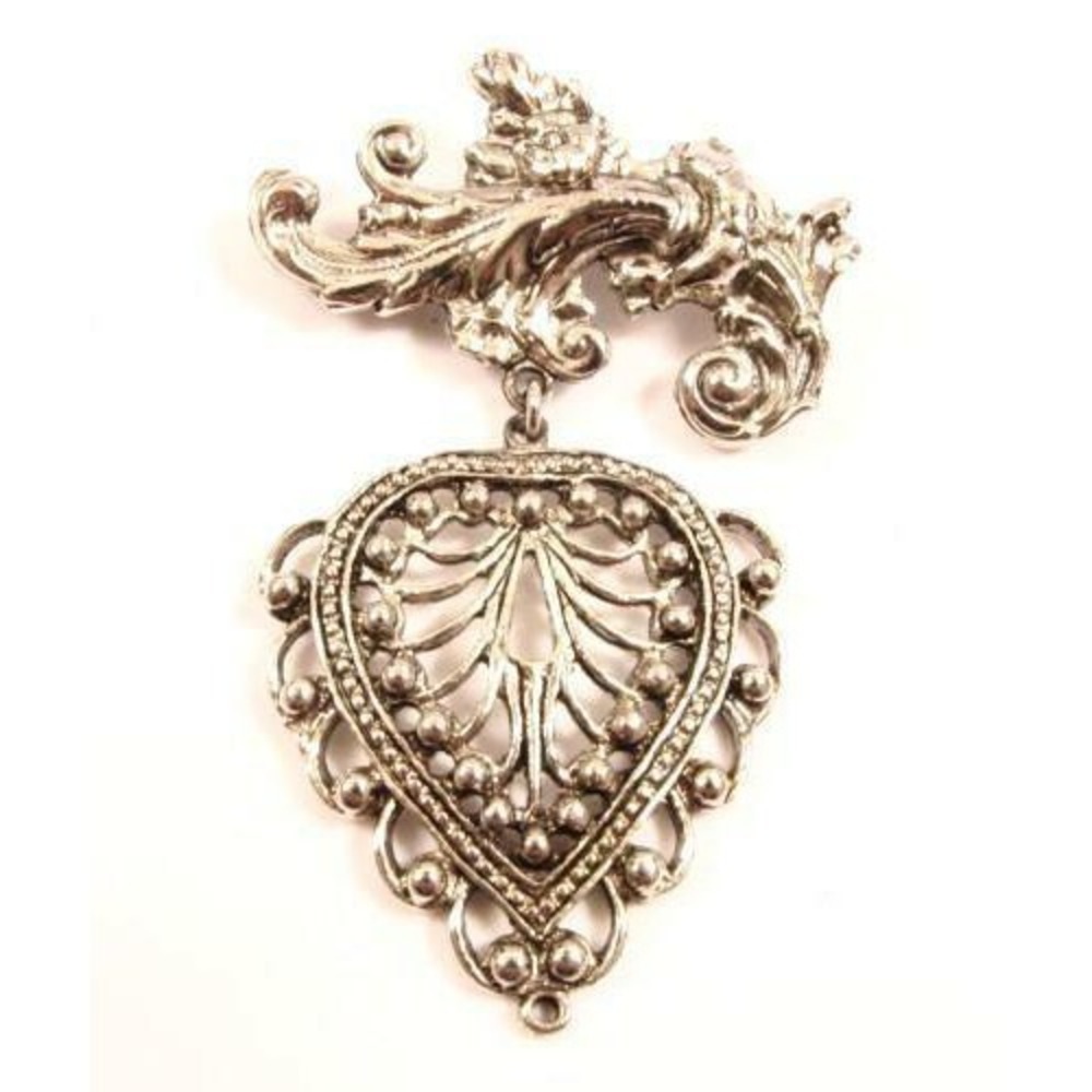 Vintage Silver Plated Art‎ Nouveau Revival Filigree Heart Drop Brooch Pin